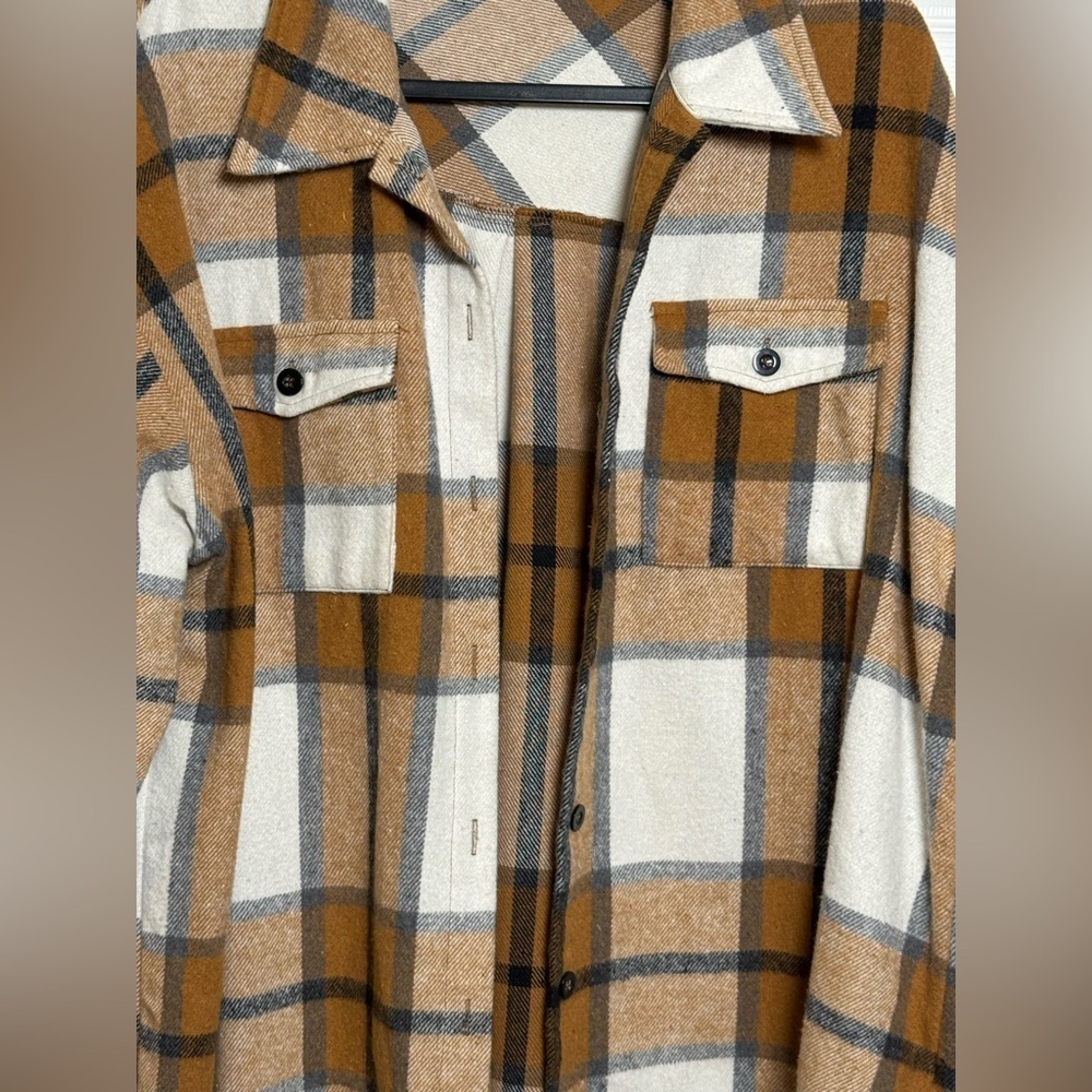 Automet XL Plaid Shacket Jacket Brown Cream Button Front Oversized Flannel - Picture 3 of 10